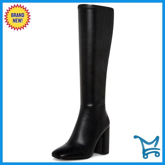 Shoes - Faux Leather Knee High Boots Square Toe Chunky Heel Side Zip